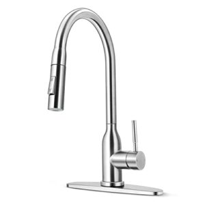 herogo kitchen sink faucets with pull down sprayer brushed nickel, stainless steel high arc single level pull out faucets with deck plate for farmhouse laundry rv utility wet bar