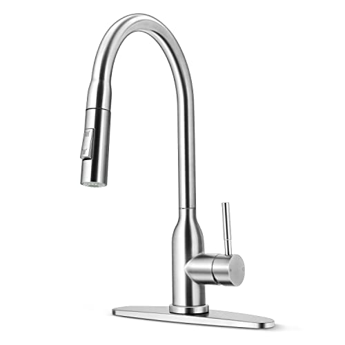 Herogo Kitchen Sink Faucets with Pull Down Sprayer Brushed Nickel, Stainless Steel High Arc Single Level Pull Out Faucets with Deck Plate for Farmhouse Laundry Rv Utility Wet Bar