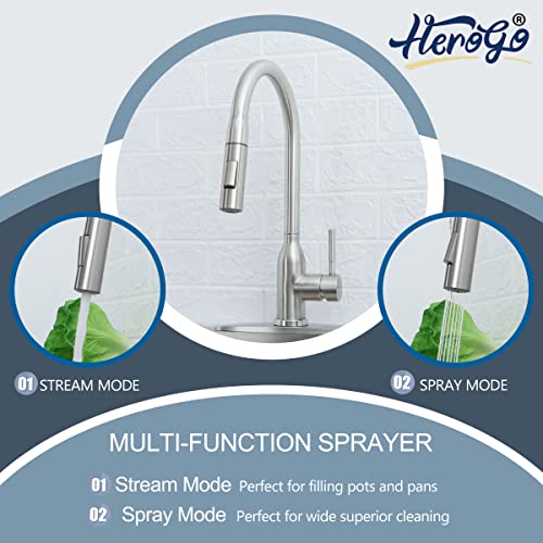 Herogo Kitchen Sink Faucets with Pull Down Sprayer Brushed Nickel, Stainless Steel High Arc Single Level Pull Out Faucets with Deck Plate for Farmhouse Laundry Rv Utility Wet Bar