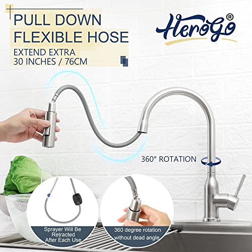 Herogo Kitchen Sink Faucets with Pull Down Sprayer Brushed Nickel, Stainless Steel High Arc Single Level Pull Out Faucets with Deck Plate for Farmhouse Laundry Rv Utility Wet Bar