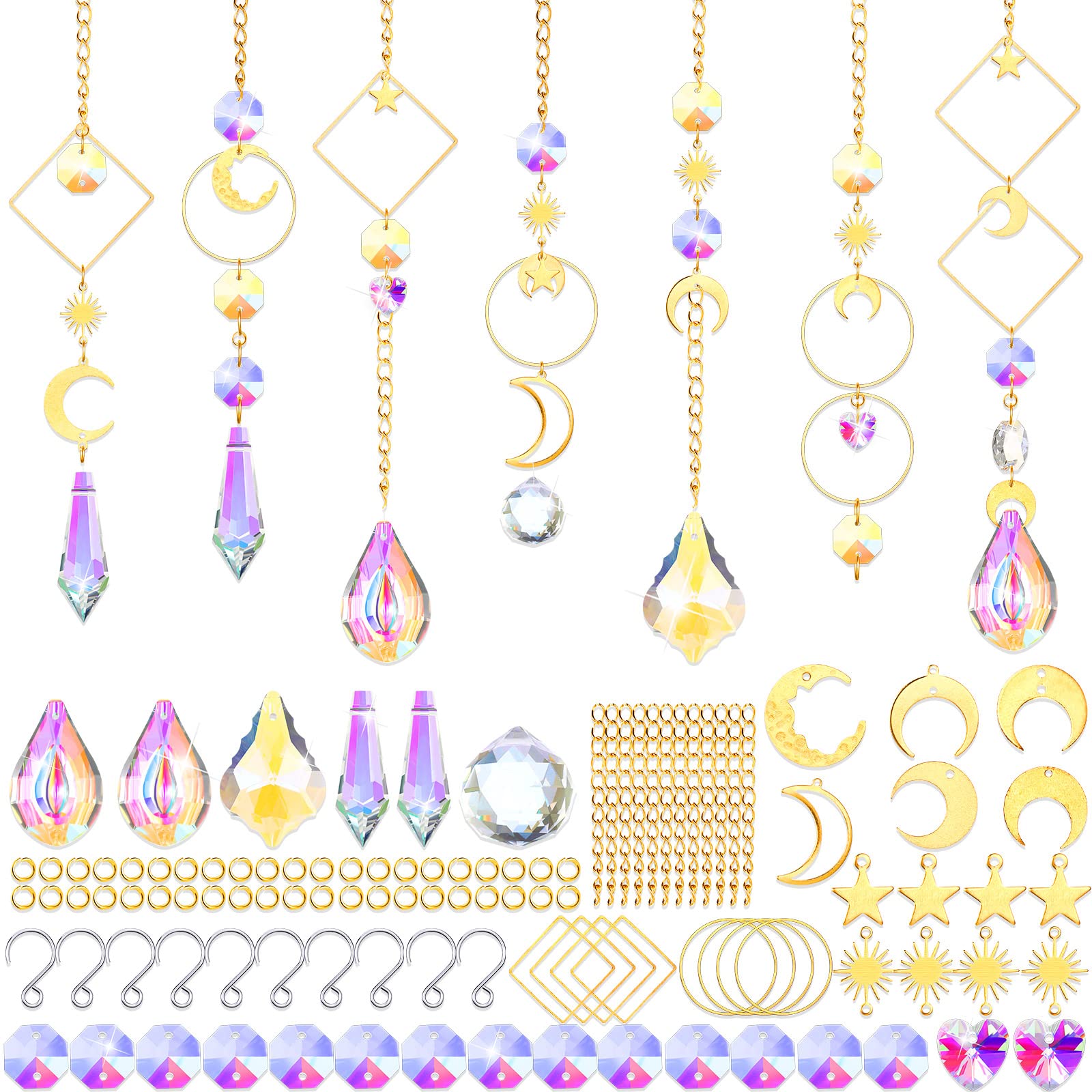 57 Pcs Crystal Suncatcher Hanging Sun Catcher Kits for Adults Colorful Crystals Suncatchers Prisms with Chain Pendant Ornament Suncatchers DIY Crafts for Window Home Office Garden Decoration (Gold)