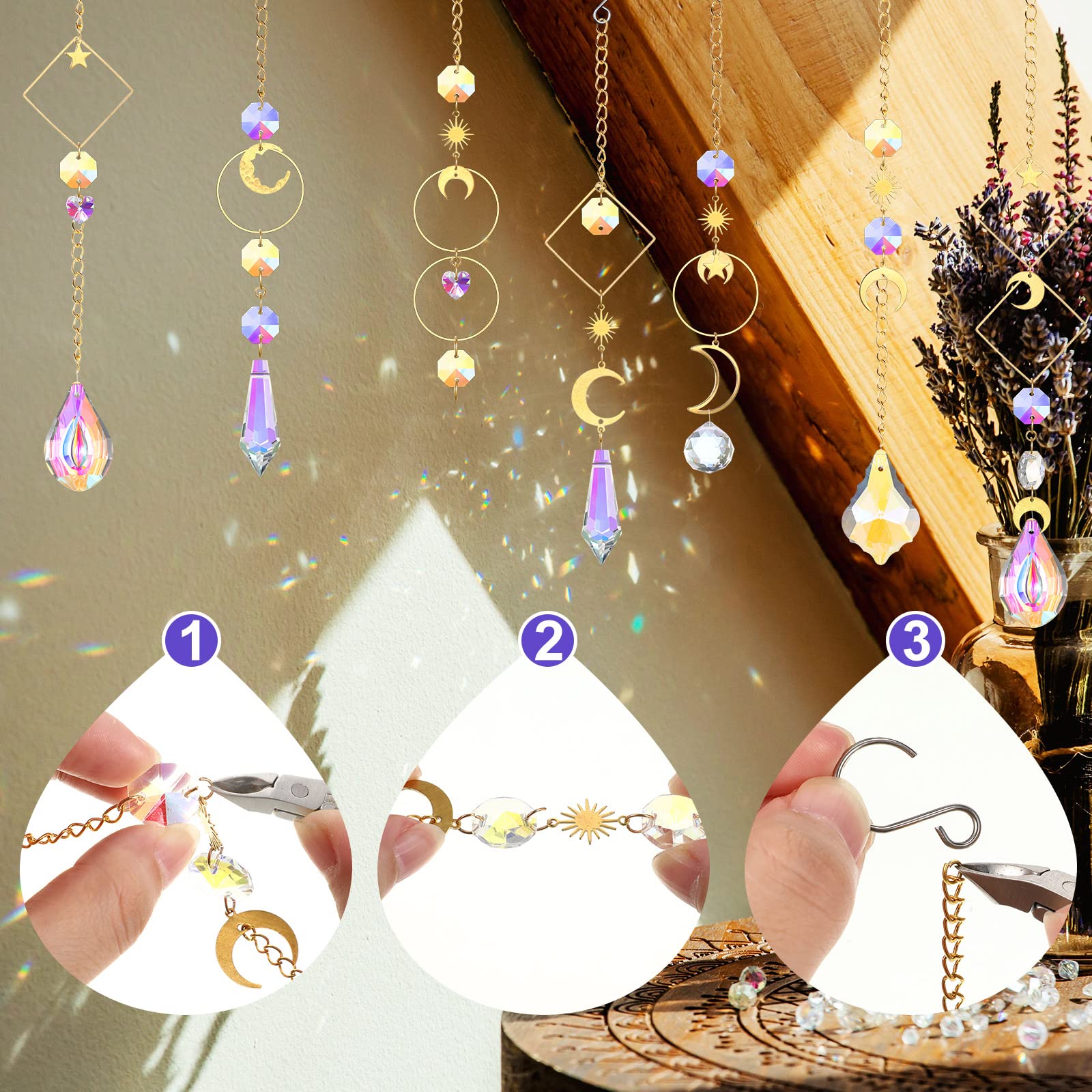 57 Pcs Crystal Suncatcher Hanging Sun Catcher Kits for Adults Colorful Crystals Suncatchers Prisms with Chain Pendant Ornament Suncatchers DIY Crafts for Window Home Office Garden Decoration (Gold)