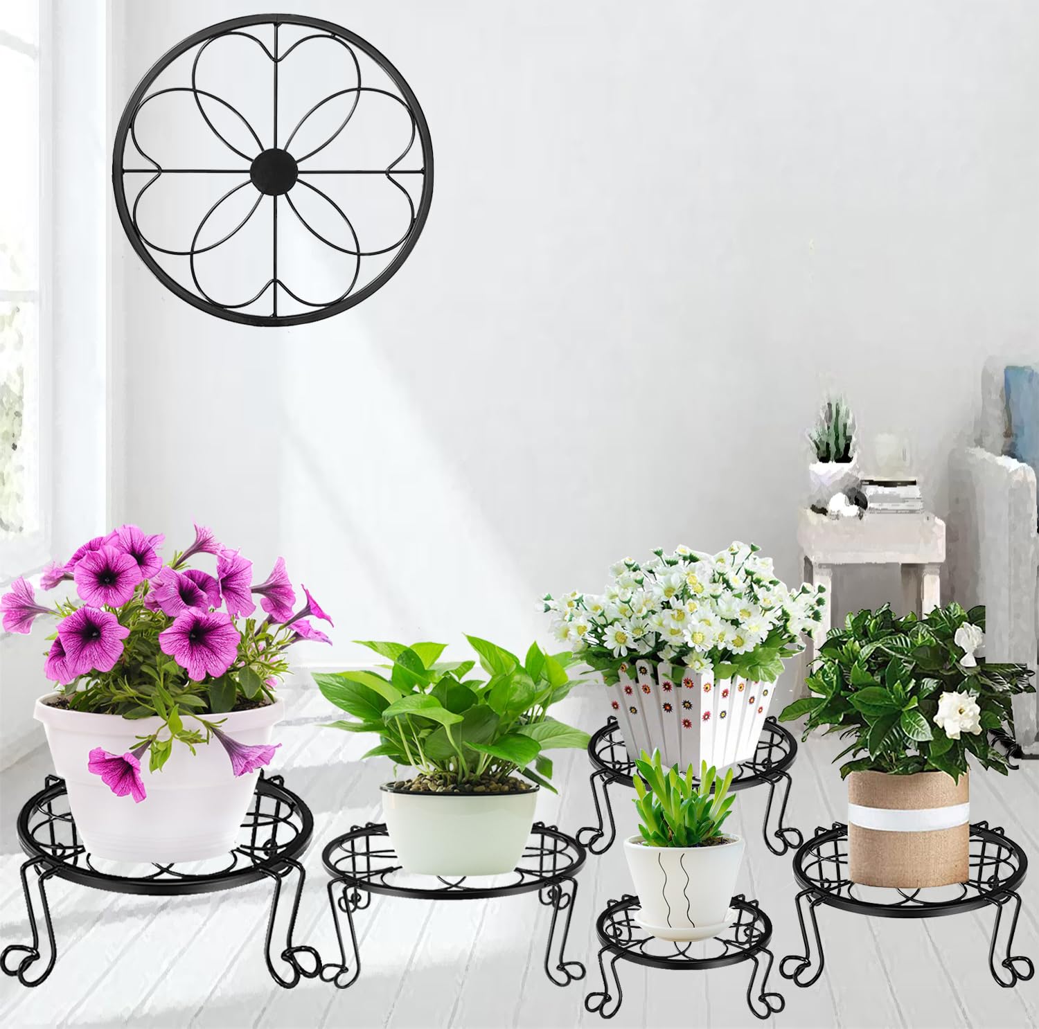 5 Pack Metal Plant Stands for Indoor Outdoor Plants, Heavy Duty Flower Pot Stands, Black Rustproof Iron Planter Holder, Round Garden Container Plant Rack, Potted Plant Shelf for Garden Home Corner