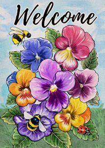covido welcome spring summer pansy flower decorative garden flag, floral yard outside decorations, summer farmhouse outdoor small home decor double sided 12 x 18