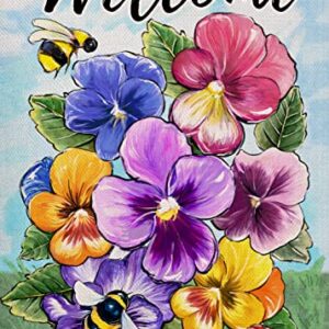 Covido Welcome Spring Summer Pansy Flower Decorative Garden Flag, Floral Yard Outside Decorations, Summer Farmhouse Outdoor Small Home Decor Double Sided 12 x 18