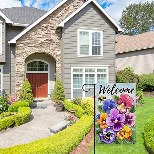 Covido Welcome Spring Summer Pansy Flower Decorative Garden Flag, Floral Yard Outside Decorations, Summer Farmhouse Outdoor Small Home Decor Double Sided 12 x 18
