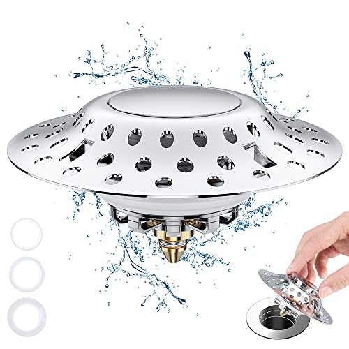 Universal Bathtub Stopper with Drain Hair Catcher, 2 in 1 Upgraded Pop Up Tub Stopper with Dual Drain Filter, Anti-Clog Bathtub Drain Cover, Stainless Bath Tub Drain Plug for 1.45"-1.85" Drain Hole