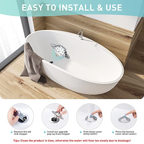Universal Bathtub Stopper with Drain Hair Catcher, 2 in 1 Upgraded Pop Up Tub Stopper with Dual Drain Filter, Anti-Clog Bathtub Drain Cover, Stainless Bath Tub Drain Plug for 1.45"-1.85" Drain Hole