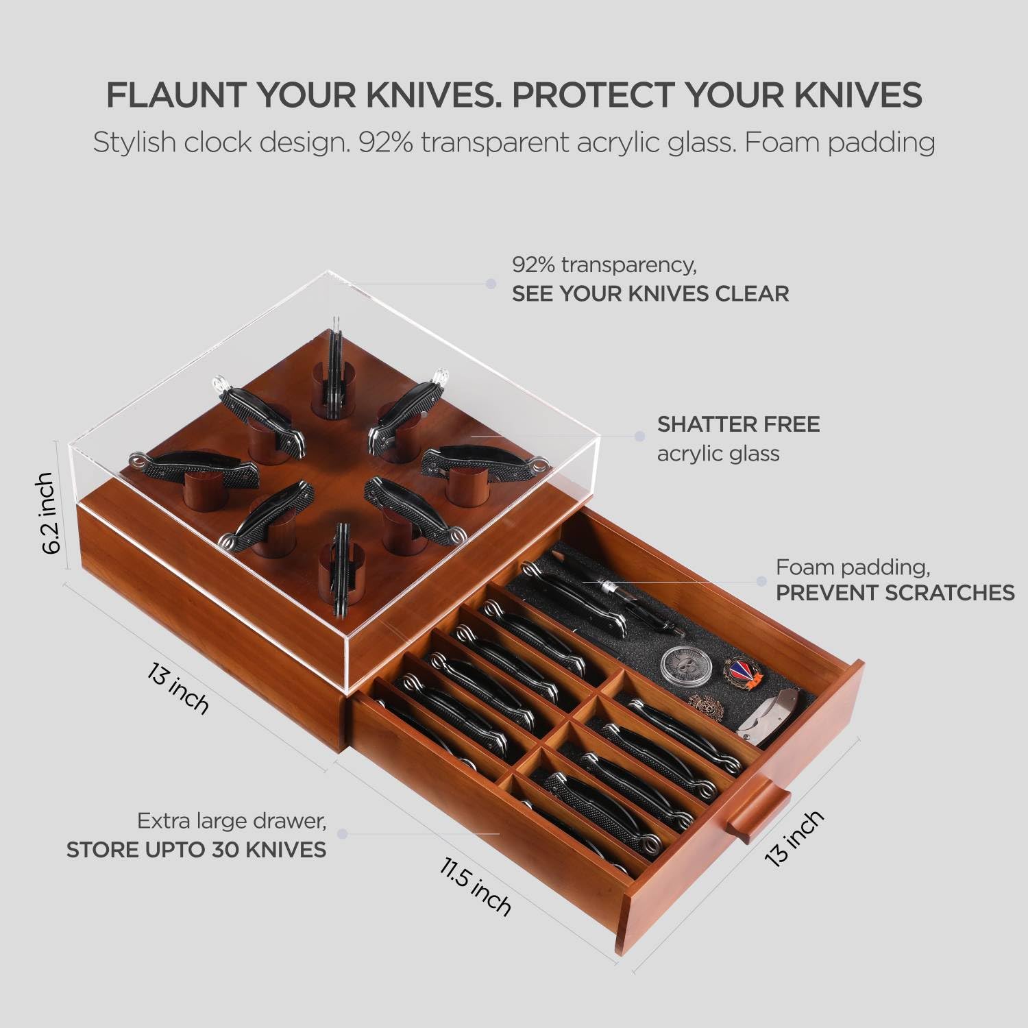 Pocket Knife Display Case Pocket Knife Case Pocket Knife Holder Stores Upto 30 Knives in Two-tier Pocket Knife Storage with Shatterproof Acrylic Glass Top Large Wooden Shelf and Walnut Color Finish