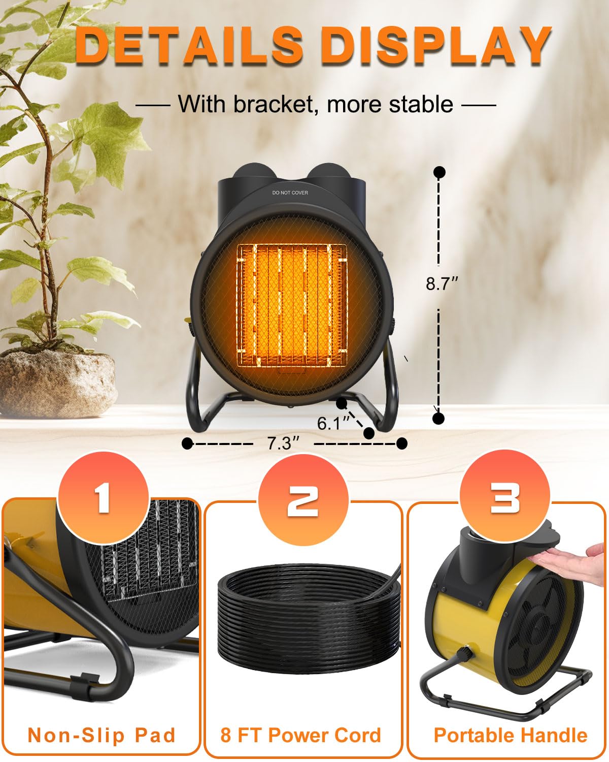 Outdoor Patio Heater - 1500W PTC Electric Garage Heater with Thermostat, 2S Fast Heating Ceramic Heater, 3 Modes Portable Small Fan Heaters for Patio, Garage, Greenhouse and Indoor Use