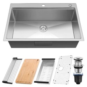 homikit kitchen sink 33 x22 inch, 16 gauge stainless steel topmount drop in kitchen sinks single bowl 2-hole r10 corner, 10" deep large handmade farmhouse workstation sink with 5 pack accessories
