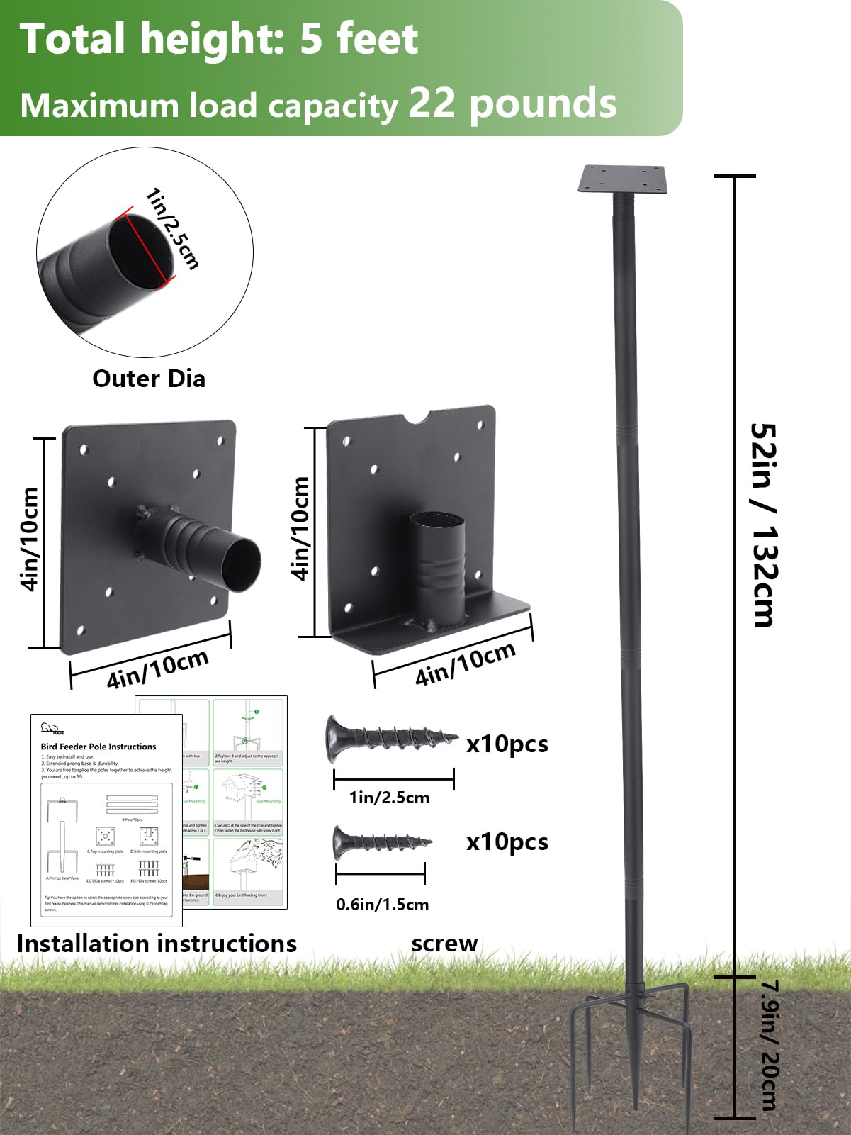 Upgraded Thicken Bird Feeder Pole for Outdoors - Easy to Assemble Heavy-Duty Bird House Stand for Blue Bird, 60in 5 Prongs Base Adjustable Stand Pole Mount Kit