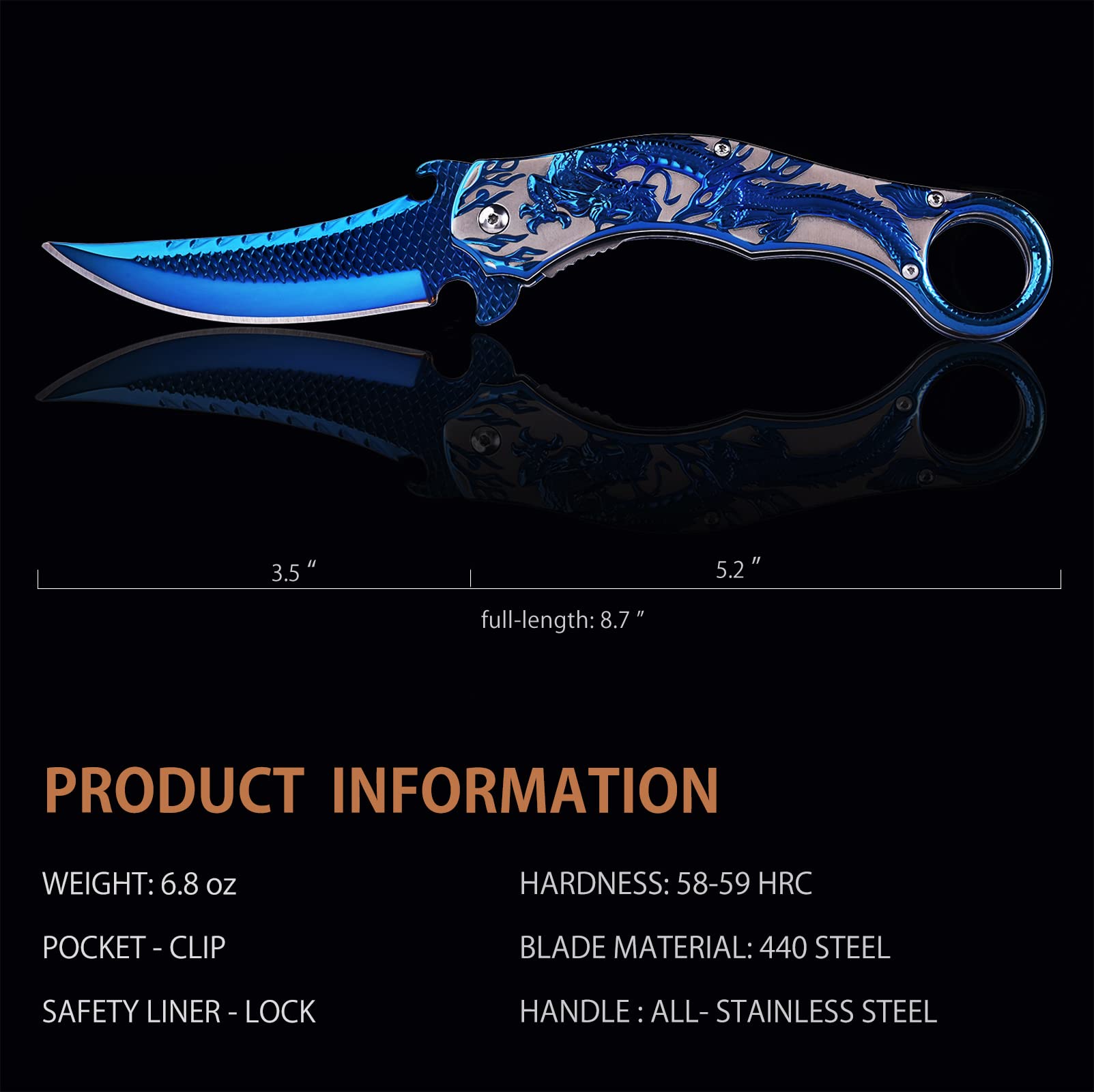 Vividstill 2PCS Set Pocket Folding Knife, 3D Blue Dragon & Mermaid, Great Gift Edc Knife For Men Outdoor Survival Camping Hiking