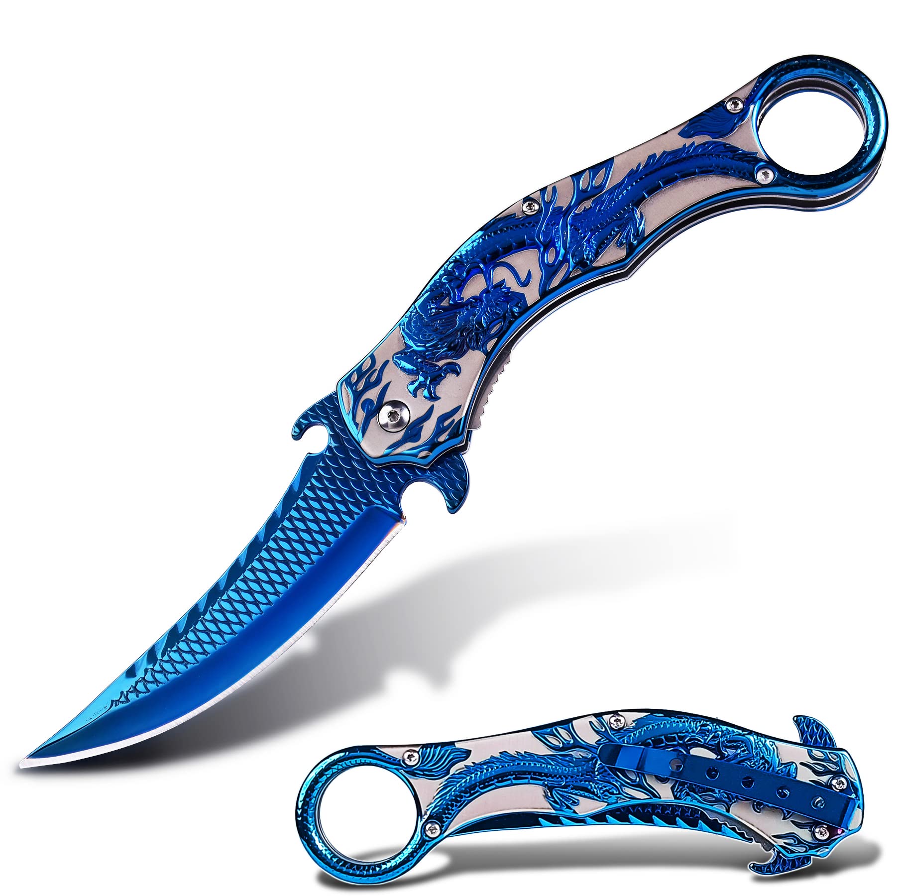 Vividstill 2PCS Set Pocket Folding Knife, 3D Blue Dragon & Mermaid, Great Gift Edc Knife For Men Outdoor Survival Camping Hiking