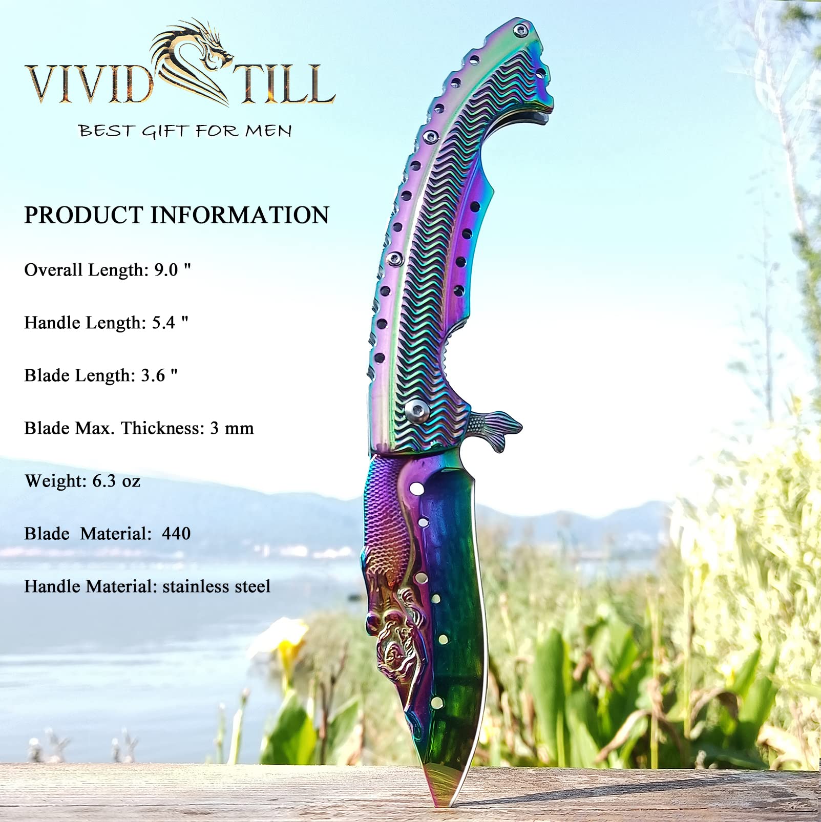 Vividstill 2PCS Set Pocket Folding Knife, 3D Blue Dragon & Mermaid, Great Gift Edc Knife For Men Outdoor Survival Camping Hiking
