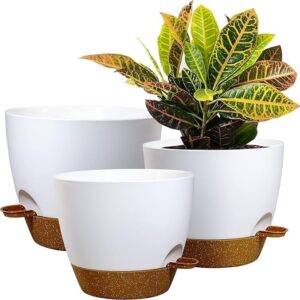 uouz 10/9/8 inch self watering pots, set of 3 plastic planters with mesh drainage holes and deep reservoir for indoor outdoor garden plants and flowers, white with brown