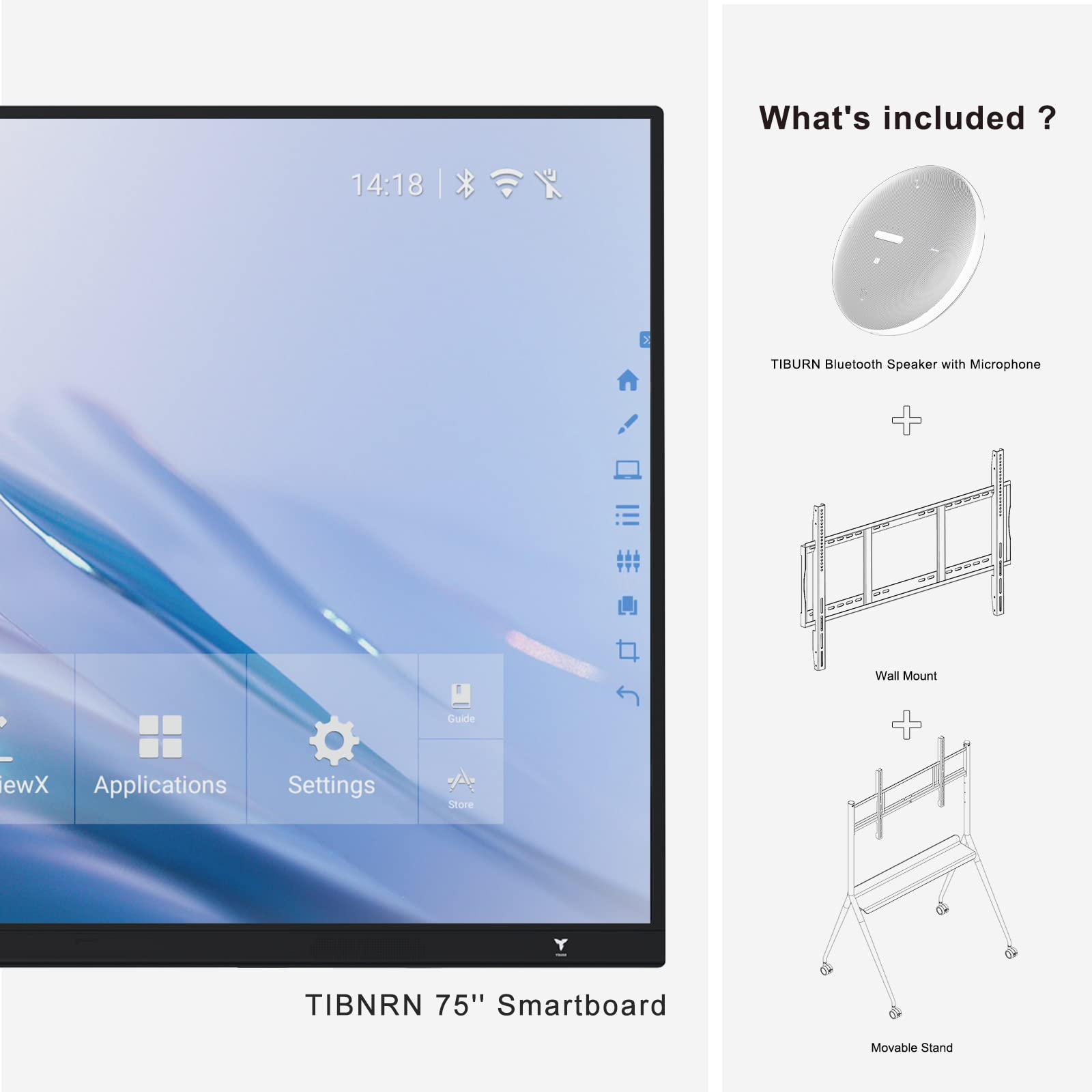 TIBURN Smartboard HQ Board 75" R1-M 4K UHD Interactive whiteboard Touch Screen Board Digital Whiteboard Digital Board(Smart Board with Removable Stand, and Conference Speaker)