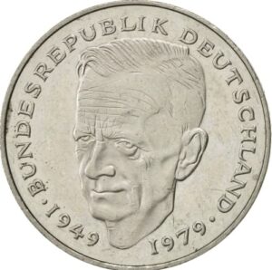 1979-1993 2 german mark coin, with kurt schumacher a staunchly anti-nazi german socialist politician. 2 deutsche mark graded by seller circulated condition