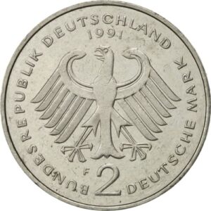 1979-1993 2 German Mark Coin, With Kurt Schumacher A Staunchly Anti-Nazi German Socialist Politician. 2 Deutsche Mark Graded By Seller Circulated condition