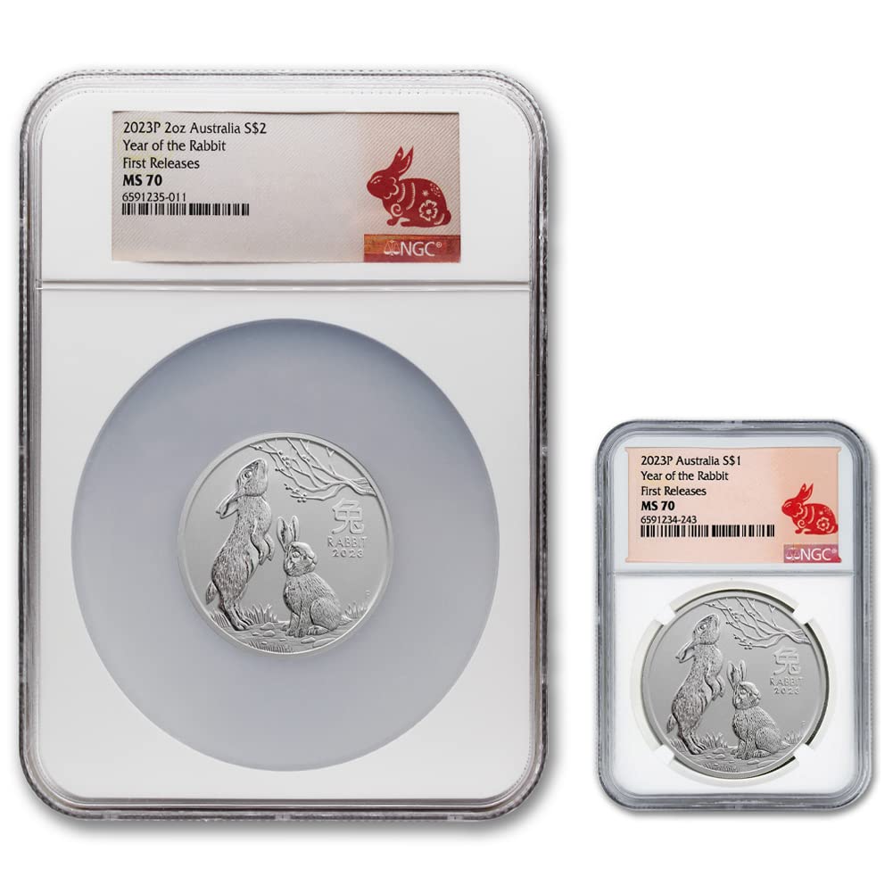 2023 P 2 oz Silver Australian Lunar Series III Year of the Rabbit Coin MS-70 (First Releases - Lunar Label) $2 NGC MS70