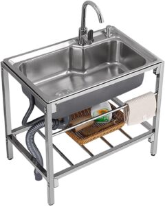 stainless steel single bowl utility sink with stand free standing commercial restaurant kitchen sink set with drain basket & hot and cold faucet for laundry backyard garage outdoor(28x18.5x29.5in)