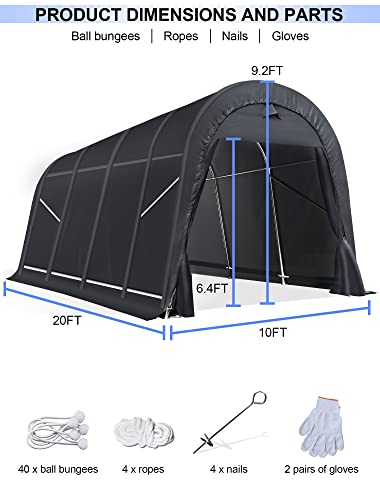 Marvoware 10' x 20’ x 9' ft Snow Resistant Heavy Duty Carport, Round Roof Storage Shed with Front & Rear Zipper Door for Full-Size Truck and Boat, Portable Garage Tent Shelter for Outdoor Use