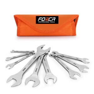 forca super thin open end wrench set 9 pieces sae, 1/4" to 1-1/16", mirror polished thin wrenches set ultra-slim wrenches with rolling pouch (9pc sae)