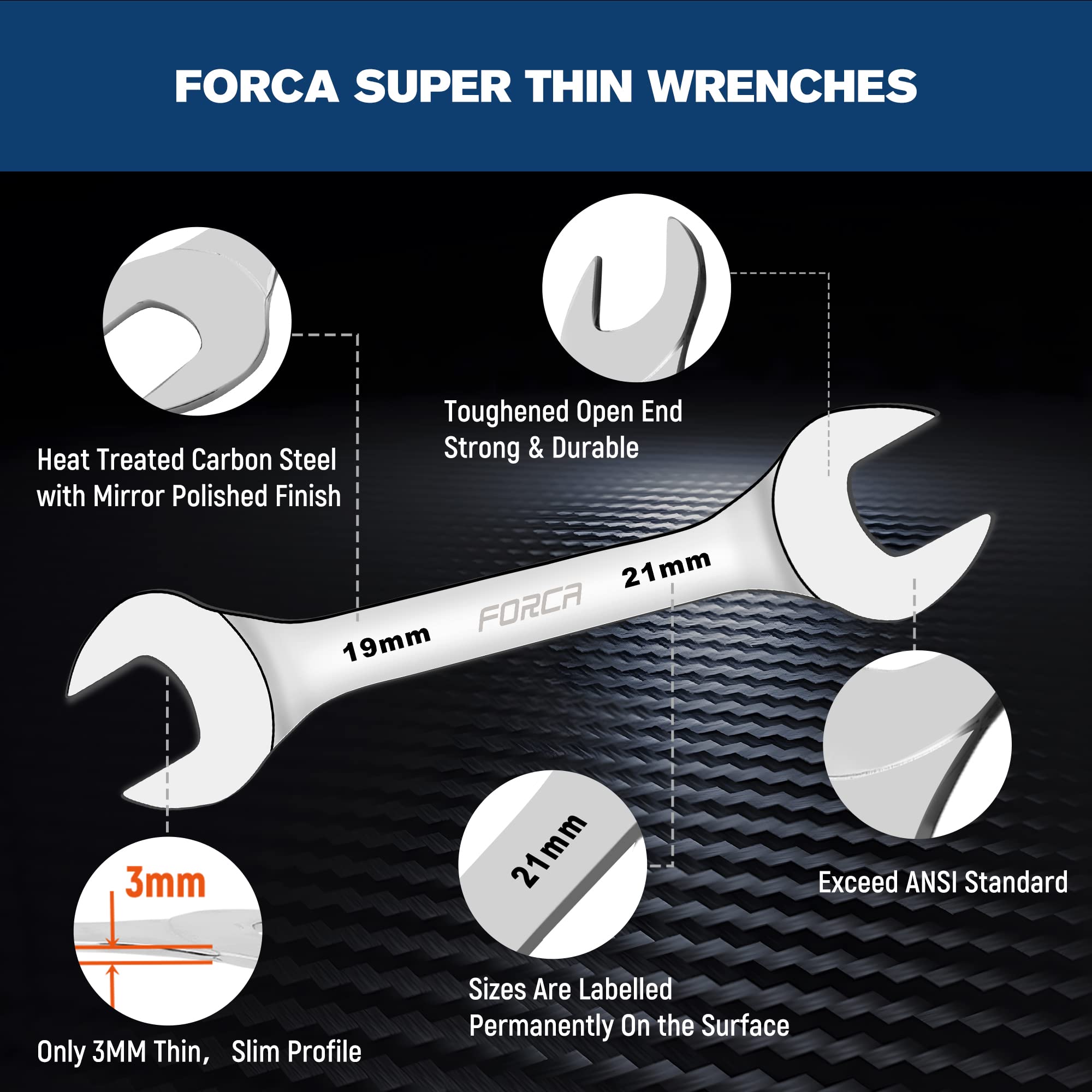 FORCA Super Thin Open End Wrench Set 9 Pieces SAE, 1/4" to 1-1/16", Mirror Polished Thin Wrenches Set Ultra-Slim Wrenches with Rolling Pouch (9pc SAE)