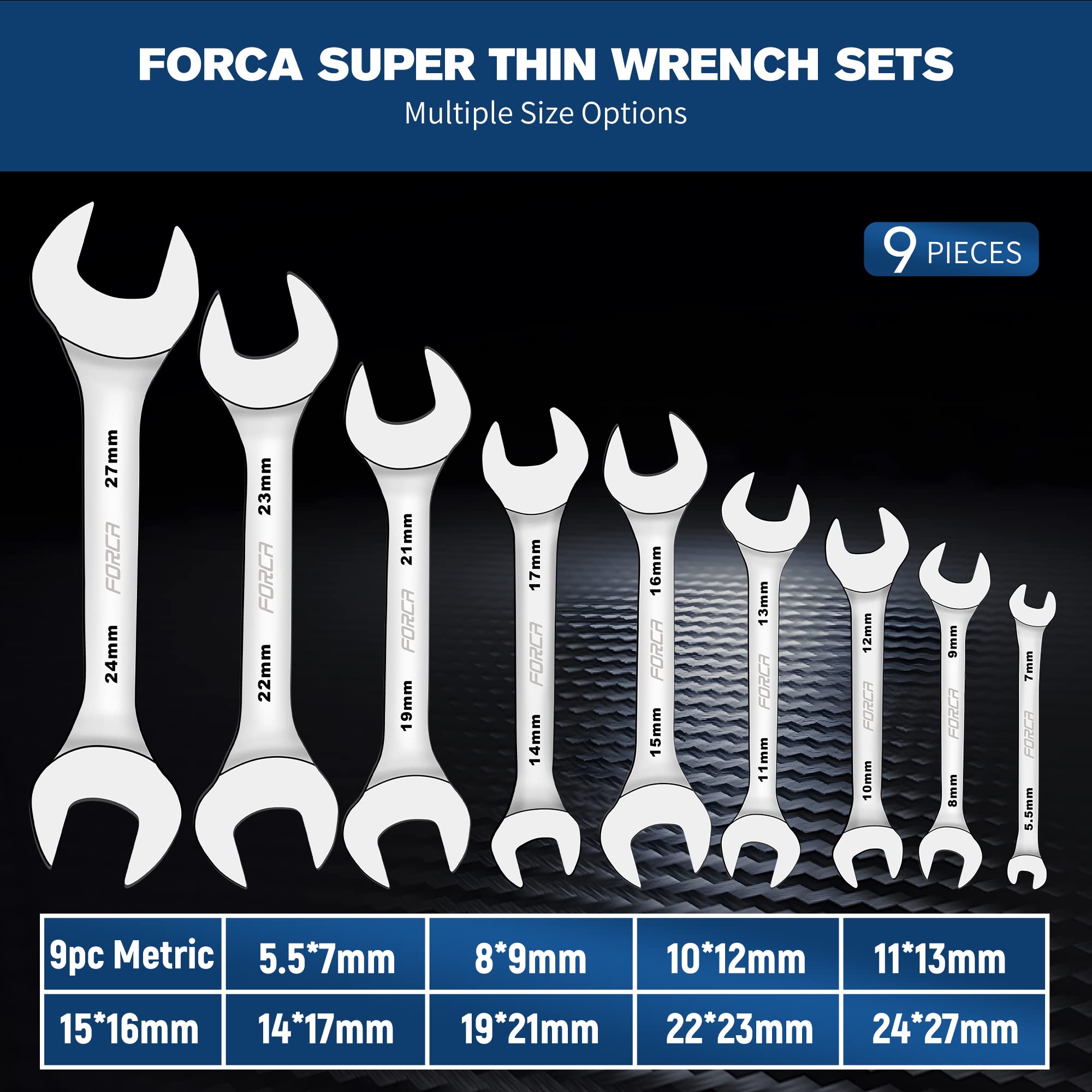 FORCA Super Thin Open End Wrench Set 9 Pieces SAE, 1/4" to 1-1/16", Mirror Polished Thin Wrenches Set Ultra-Slim Wrenches with Rolling Pouch (9pc SAE)