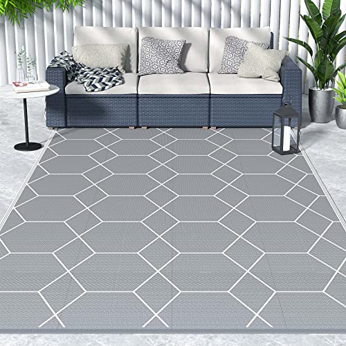 GENIMO Outdoor Patio Rug 6x9 Waterproof, Reversible Mats, Plastic Straw Area Rug, Geometric Rv Mat for Patio Camping Picnic Backyard Deck Balcony Porch Beach Trailer (Grey & White)