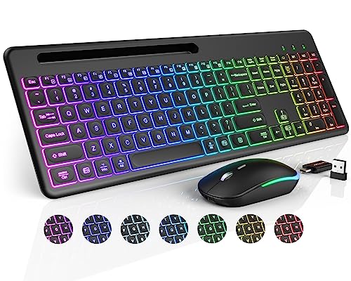 Wireless Keyboard and Mouse with 15 Backlit Effects, Rechargeable Keyboard Mouse Combo with Phone Holder, 2.4G Lag-Free, Silent Light Up Keyboard & Mouse Set for Windows, Mac, PC, Laptop -by SABLUTE