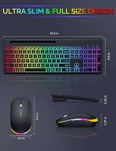 Wireless Keyboard and Mouse with 15 Backlit Effects, Rechargeable Keyboard Mouse Combo with Phone Holder, 2.4G Lag-Free, Silent Light Up Keyboard & Mouse Set for Windows, Mac, PC, Laptop -by SABLUTE