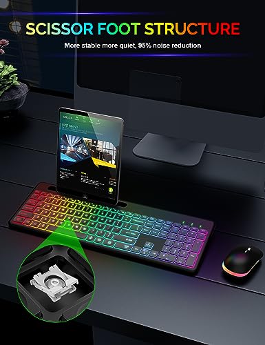 Wireless Keyboard and Mouse with 15 Backlit Effects, Rechargeable Keyboard Mouse Combo with Phone Holder, 2.4G Lag-Free, Silent Light Up Keyboard & Mouse Set for Windows, Mac, PC, Laptop -by SABLUTE