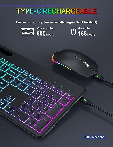 Wireless Keyboard and Mouse with 15 Backlit Effects, Rechargeable Keyboard Mouse Combo with Phone Holder, 2.4G Lag-Free, Silent Light Up Keyboard & Mouse Set for Windows, Mac, PC, Laptop -by SABLUTE