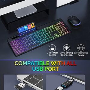 Wireless Keyboard and Mouse with 15 Backlit Effects, Rechargeable Keyboard Mouse Combo with Phone Holder, 2.4G Lag-Free, Silent Light Up Keyboard & Mouse Set for Windows, Mac, PC, Laptop -by SABLUTE