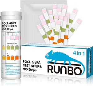 runbo pool and hot tub test strips 4-in-1 (100 count) – test for free chlorine, bromine, total alkalinity and ph - pool hot tub testing strips