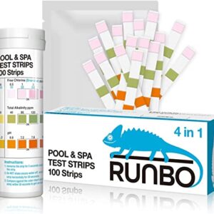 RUNBO Pool and Hot Tub Test Strips 4-in-1 (100 Count) – Test for Free Chlorine, Bromine, Total Alkalinity and pH - Pool Hot Tub Testing Strips