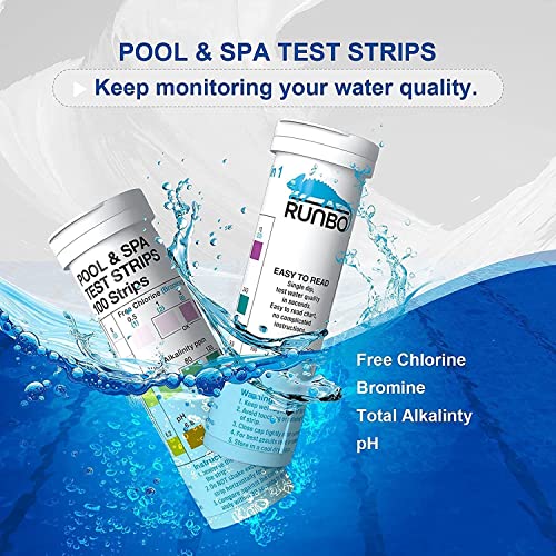 RUNBO Pool and Hot Tub Test Strips 4-in-1 (100 Count) – Test for Free Chlorine, Bromine, Total Alkalinity and pH - Pool Hot Tub Testing Strips
