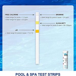 RUNBO Pool and Hot Tub Test Strips 4-in-1 (100 Count) – Test for Free Chlorine, Bromine, Total Alkalinity and pH - Pool Hot Tub Testing Strips