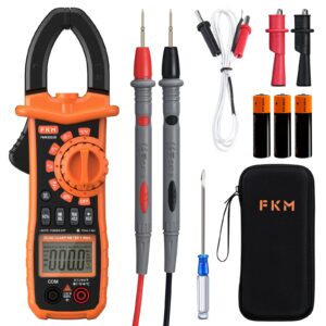 fkm clamp meter, multimeter t-rms 6000 counts, ac/dc current and voltage tester auto-ranging, measure current voltage temperature capacitance resistance diodes continuity duty-cycle, backlight & led