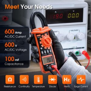 FKM Clamp Meter, Multimeter T-RMS 6000 Counts, AC/DC Current and Voltage Tester Auto-ranging, Measure Current Voltage Temperature Capacitance Resistance Diodes Continuity Duty-Cycle, Backlight & LED