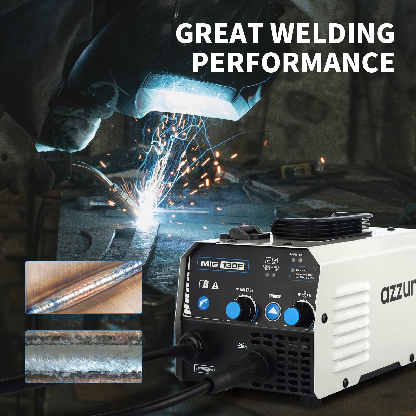 AZZUNO MIG Welder,Flux Core Welder Machine 110V 130Amp, Gasless MIG Welding Machine IGBT Inverter Welder Portable Wire Feed Welder (110V)