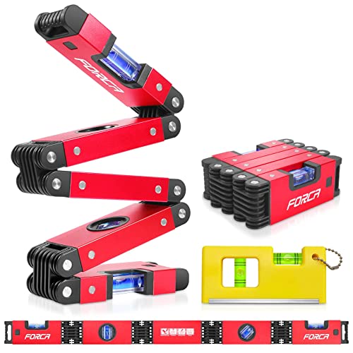 FORCA Foldable Level, Magnetic Folding Level Tool, Multi-Angle Measurement Woodworking Tools, Multi-Function Portable Level Measuring Tool with 4 Level Bubbles 45°/90°/180° + Pocket Level