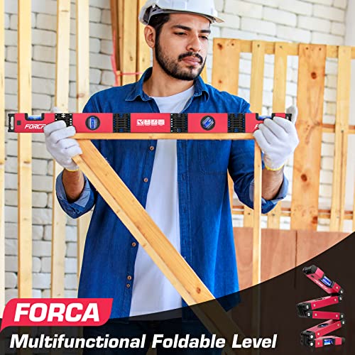 FORCA Foldable Level, Magnetic Folding Level Tool, Multi-Angle Measurement Woodworking Tools, Multi-Function Portable Level Measuring Tool with 4 Level Bubbles 45°/90°/180° + Pocket Level