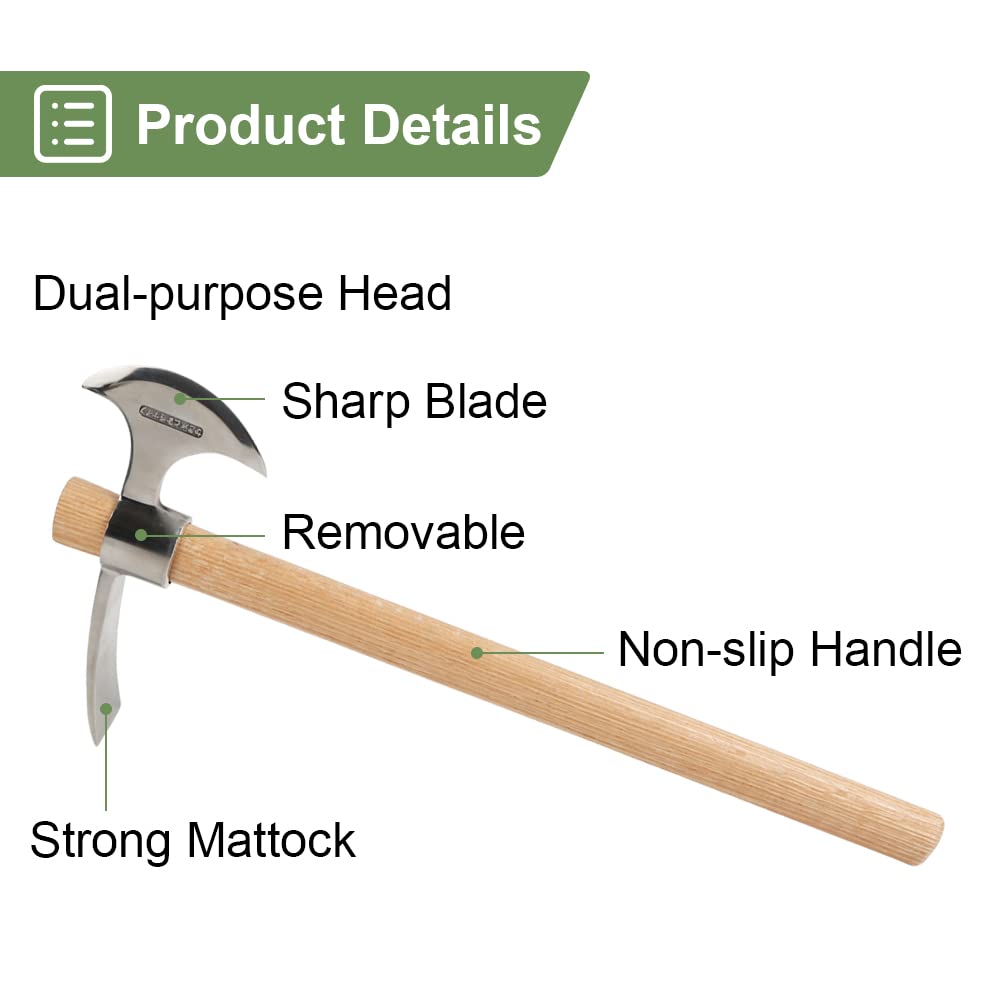 2 in1 Garden Pickaxe Weeding Mattock Gardening Tool 16inch Hatchet Chopping Axe Stainless Steel Blade Cutter for Outdoor Camping Wood Splitting Digging Planting Farming Landscaping Loosening Soil