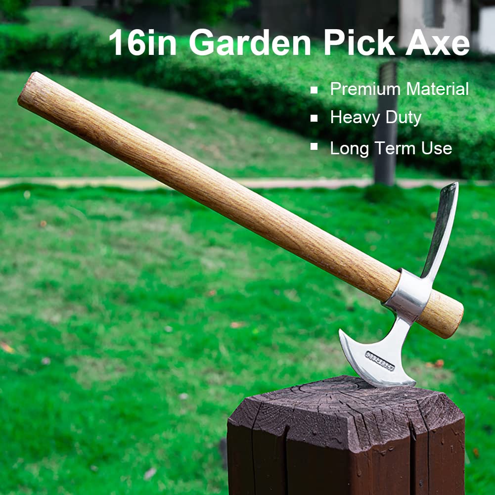 2 in1 Garden Pickaxe Weeding Mattock Gardening Tool 16inch Hatchet Chopping Axe Stainless Steel Blade Cutter for Outdoor Camping Wood Splitting Digging Planting Farming Landscaping Loosening Soil