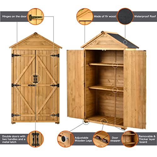 Outdoor Storage Cabinet, Wood Tool Garden Shed, with Waterproof Roof, Detachable Shelves, Double Lockable Doors for Outside, Yard, Deck Patio, Lawn