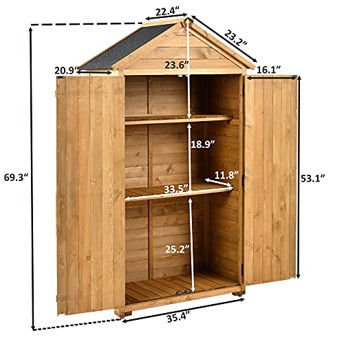 Outdoor Storage Cabinet, Wood Tool Garden Shed, with Waterproof Roof, Detachable Shelves, Double Lockable Doors for Outside, Yard, Deck Patio, Lawn