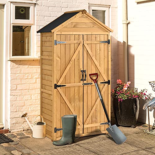 Outdoor Storage Cabinet, Wood Tool Garden Shed, with Waterproof Roof, Detachable Shelves, Double Lockable Doors for Outside, Yard, Deck Patio, Lawn