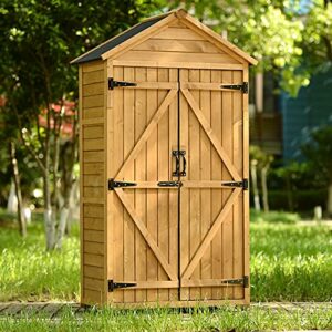 Outdoor Storage Cabinet, Wood Tool Garden Shed, with Waterproof Roof, Detachable Shelves, Double Lockable Doors for Outside, Yard, Deck Patio, Lawn